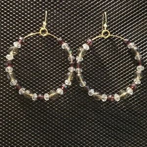 Faceted burgundy and olive/smoke beaded hoop earrings